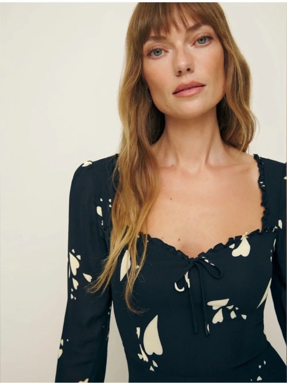 REFORMATION Remi Long Sleeved Mini Dress Navy Heart Pattern Sheer Sleeves Size 2